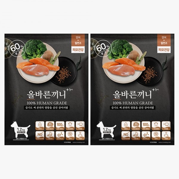 페오펫몰,국개대표 강아지사료 올바른끼니 플러스 연어 칠면조(피모건강) 2개 세트 2.4kg