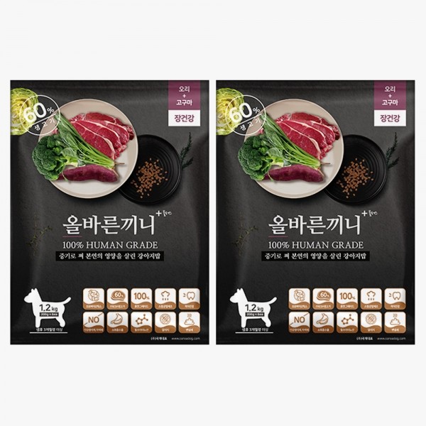 페오펫몰,국개대표 강아지사료 올바른끼니 플러스 오리 고구마(장건강) 2개 세트 2.4kg