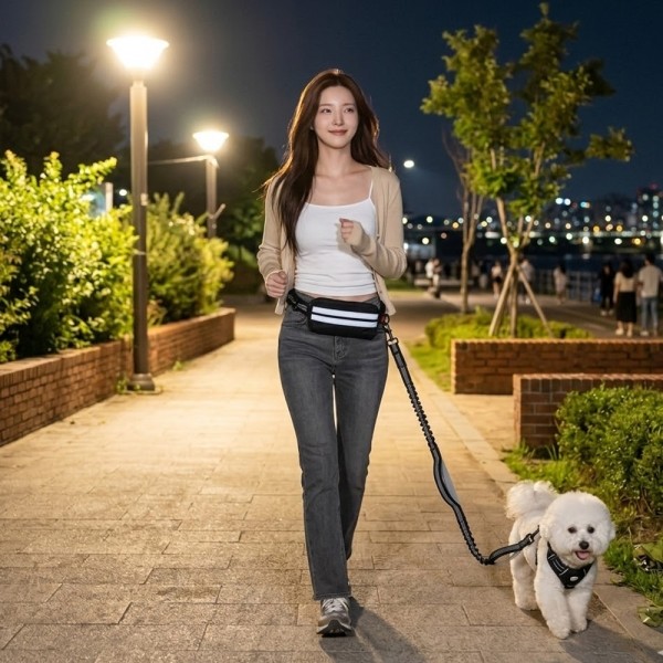 페오펫몰,고탄성 충격흡수 핸즈프리 강아지 리드줄 멀티 산책 파우치 벨트 세트 2종