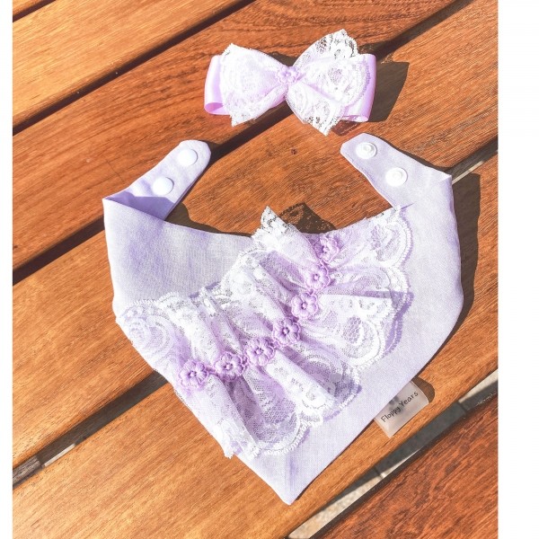페오펫몰,[따스한특가]레이스 라일락 강아지반다나 헤어핀 스카프,애견빕