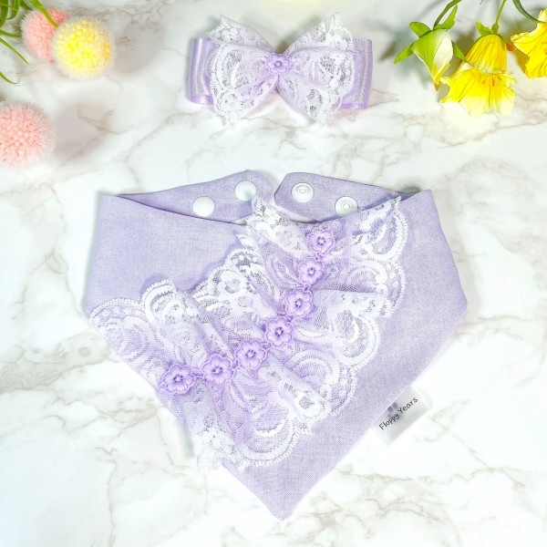 페오펫몰,[따스한특가]레이스 라일락 강아지반다나 헤어핀 스카프,애견빕