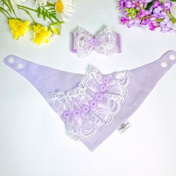 페오펫몰,[따스한특가]레이스 라일락 강아지반다나 헤어핀 스카프,애견빕