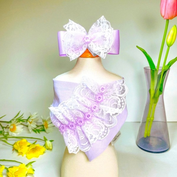 페오펫몰,[따스한특가]레이스 라일락 강아지반다나 헤어핀 스카프,애견빕