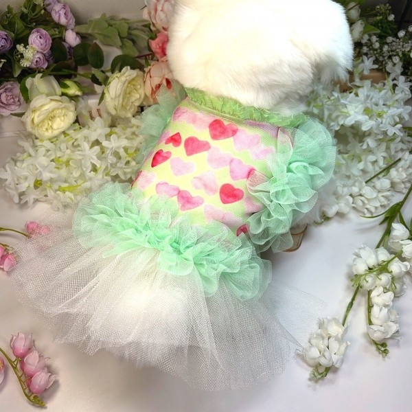 페오펫몰,[꽃길특가]하트그린프릴 강아지드레스,강아지여름원피스,생일파티드레스